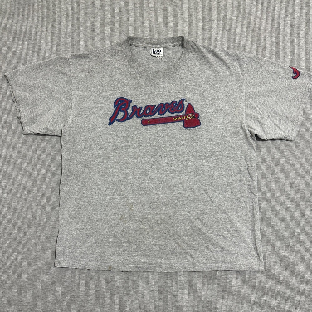 Vintage 2000 Atlanta Braves MLB Tomahawk Logo T Shirt Lee Sport XL Gray USA